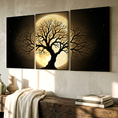 3 Pieces Golden Moonlit Tree Gold Large Wall Art Set for Bedroom Set Of 3
