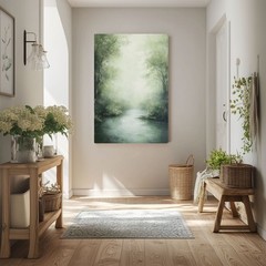 Misty Forest River Abstract Green Painting Print on Framed Canvas Wall Art Decor
