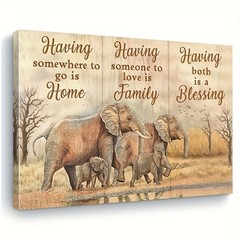 Elephant Family Blessing Quote Framed Canvas, Neutral Wildlife Family Wall Decor