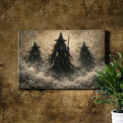 Dark Fantasy Witches Canvas Print Foggy Tattered Shadow Figures