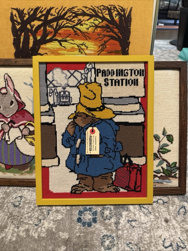 Paddington Bear Needlepoint Framed Wall Art Vintage Eden Toys 1975 12×15