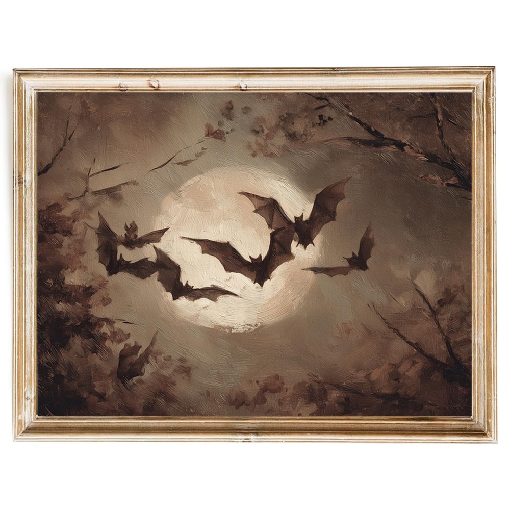 Vintage Bat Halloween Wall Art, Gothic Bat Full Moon Canvas Print, Rich Tones…