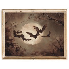 Vintage Bat Halloween Wall Art, Gothic Bat Full Moon Canvas Print, Rich Tones…