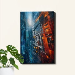 Blue and orange geometric cityscape Wall Art with modern techno pattern