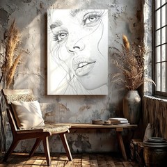 Wall Art Woman Face Sketch Print Black White Portrait Fashion Line Drawing Decor