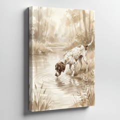 Sepia Tone Dog Drinking Water Nature Canvas Wall Art Animal Wildlife Decor Print