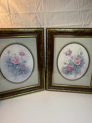 Vintage Pair Pink Rose Floral Prints Faux Burlwood Gold Tone Frames 17×14