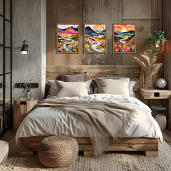 Framed Boho Abstract Mountain Art Set of 3 for Living Room & Bedroom