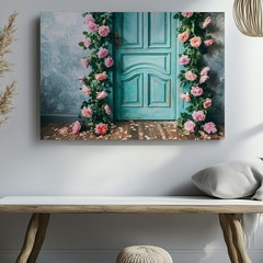 Weathered Turquoise Door Stands Prominently Against A Backdrop Of A Wall Art