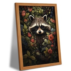 LIANGKESU Natural Wood Frame Raccoon Wall Art Vintage Floral Woodland Animal …