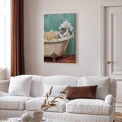«Spa Day» – Grey & White Bicolor Vertical Canvas – Cat Lover Wall Art