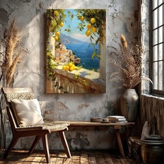 Wall Art Lemon Coastal Village Seascape Painting Mediterranean Window Decor