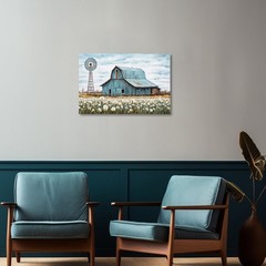 Turquoise Barn Canvas Wall Art – Rustic Teal Old Barn and Windmill Flowers Pa…