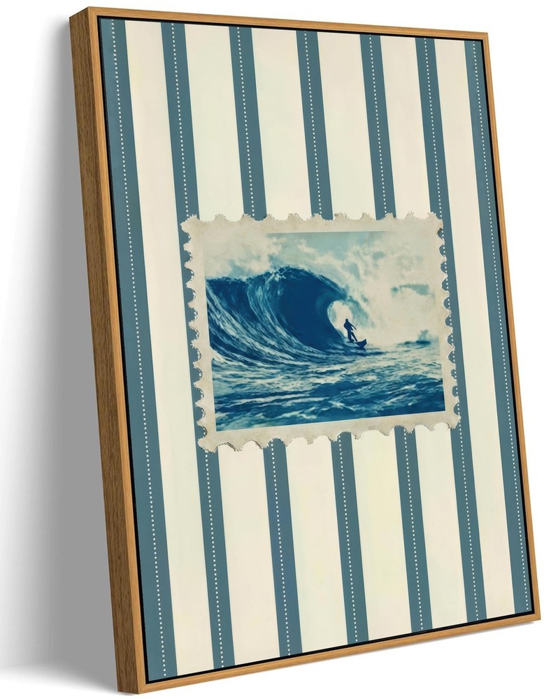Framed Vintage Surf Wave Wall Art,Trendy Coastal Wall Decor,Blue and White St…