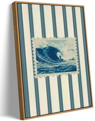 Framed Vintage Surf Wave Wall Art,Trendy Coastal Wall Decor,Blue and White St…