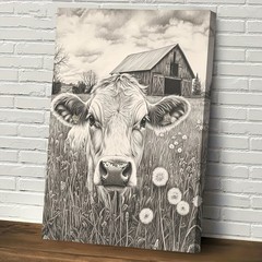 Canvas Art Framed Black White Cow Barn Dandelion Farm Sketch Wall Decor