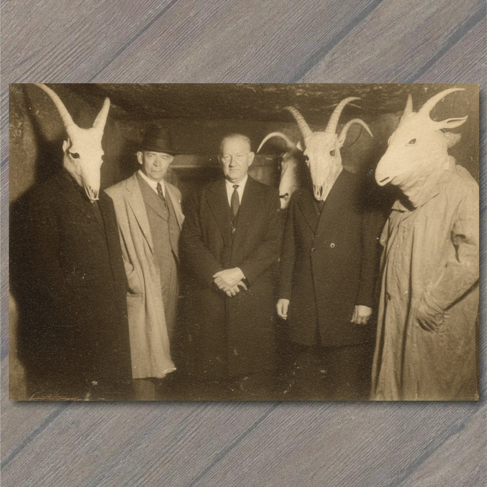 Art Print Goat Masked Figures Dark Ritual Group Portrait Surreal Horror Occult