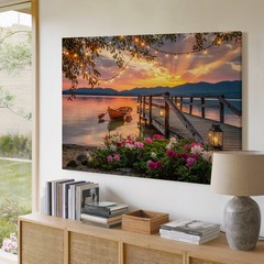 Sunset Lake Canvas Wall Art with Pier Boat Lanterns Flowers & String Lights