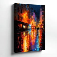 Wall Art Colorful Rainy City Street Night Painting Urban Reflection Canvas Decor