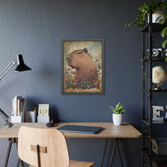 Retro CAPYBARA FLOWER Wall Art, Botanical Floral Wildlife Rodent Nature Poster