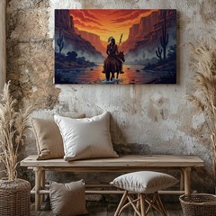 Native American Warrior on Horseback Canvas Wall Art Desert Sunset Print Decor
