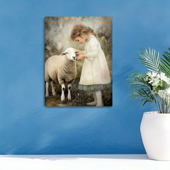 Vintage Little Girl Feeding Sheep Canvas Wall Art, Soft Neutral Farmhouse Decor