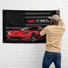 Z06 Wall Banner Flag – Black with Red C6 & American Flag – Garage Decor
