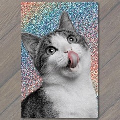 Art Print Funny Cat Tongue Lick Glitter Sparkle Rainbow Confetti Kawaii
