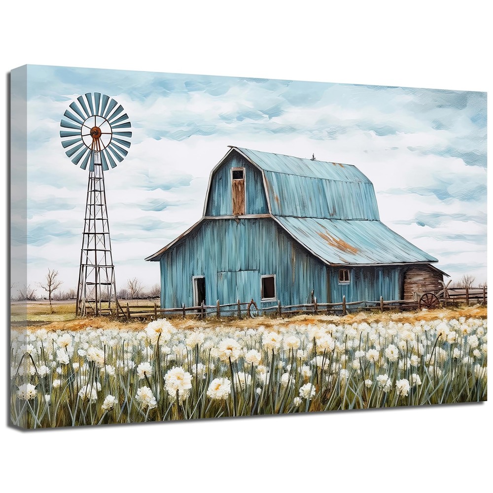 Turquoise Barn Canvas Wall Art – Rustic Teal Old Barn and Windmill Flowers Pa…