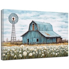 Turquoise Barn Canvas Wall Art – Rustic Teal Old Barn and Windmill Flowers Pa…