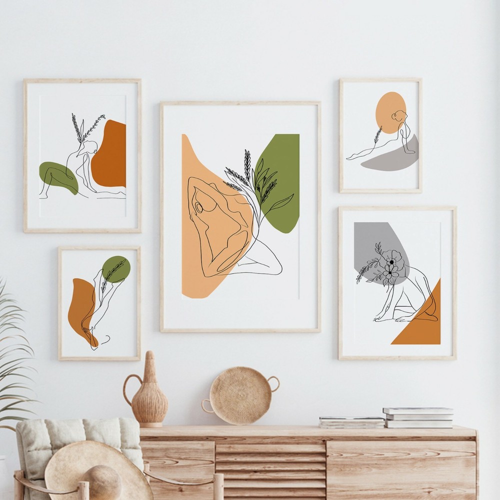 Set of 5 Watercolor Line Art Living Room Wall Art Print. Great Home Decor