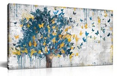 Large Canvas Wall Art Blue Tree Golden Butterflies Picture Abstract Grey Graf…