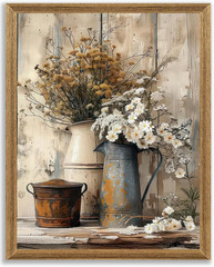 Framed Vintage Farmhouse Canvas Art with Floral Design for Rustic Decor