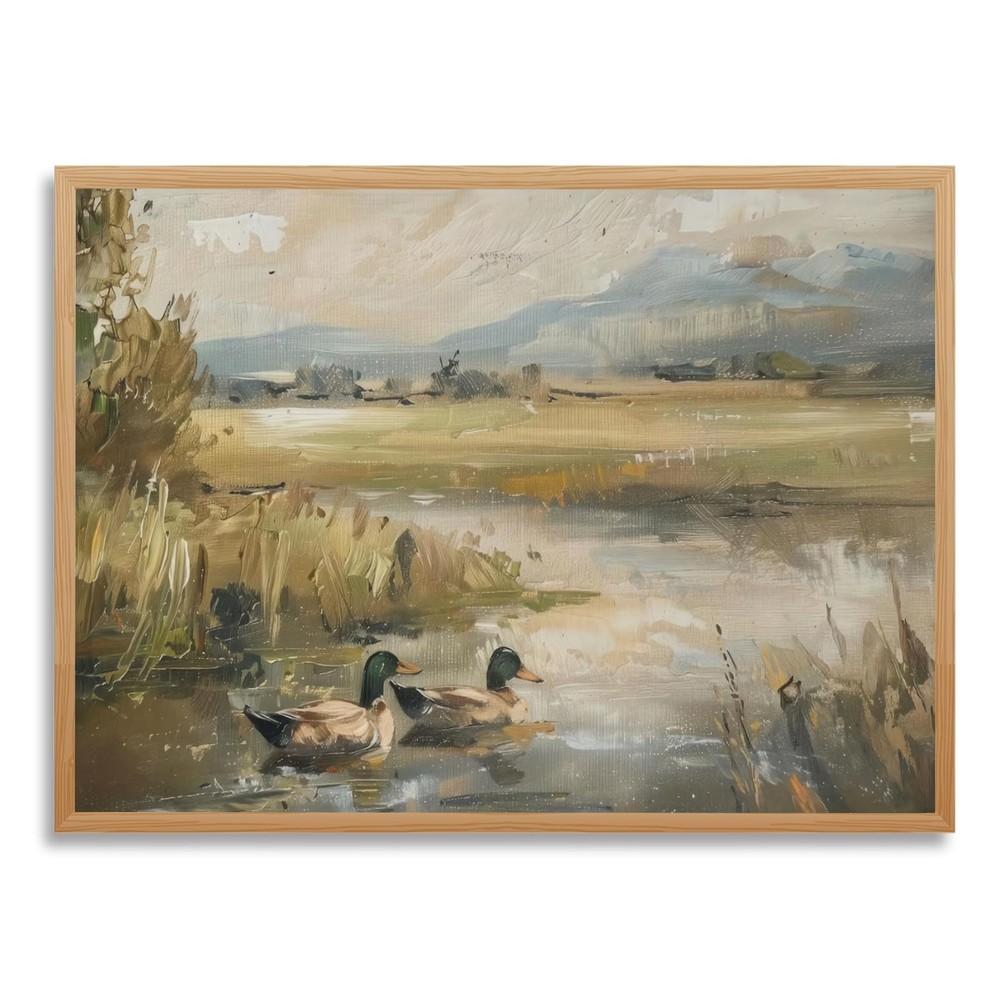 Framed Vintage Mallard Duck Canvas Wall Art Oil Painting Farmhouse Animal Lan…