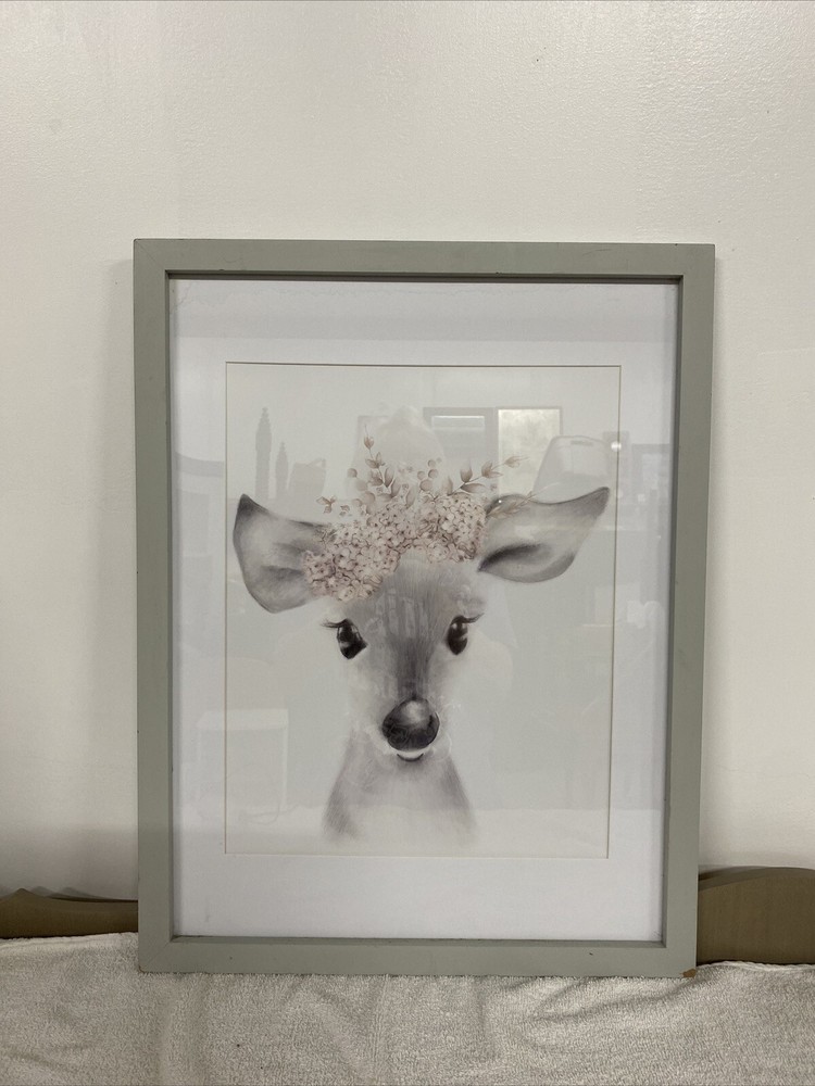 Stupell Industries Sketched Fluffy Deer Flowers, Design by Studio Q White Framed
