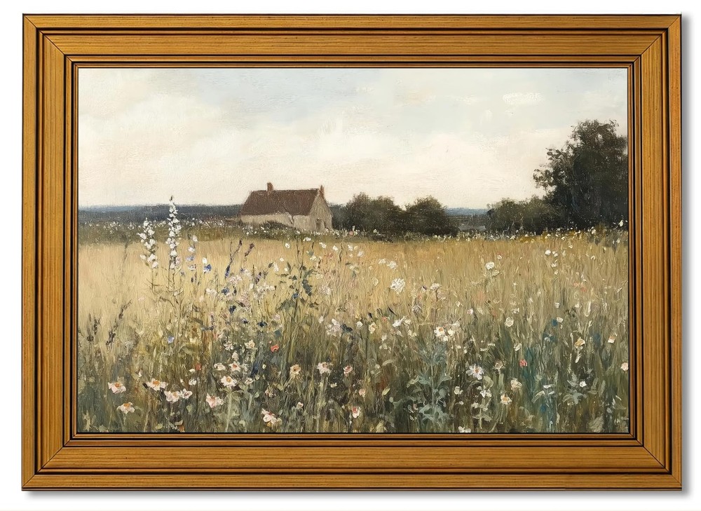Gold Framed Country Cottage Canvas Wall Art, Vintage Rustic Farmhouse Paintin…