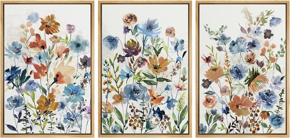 Wall26 Colorful Wildflower Wall Art Vintage Framed Canvas Print Set of 3