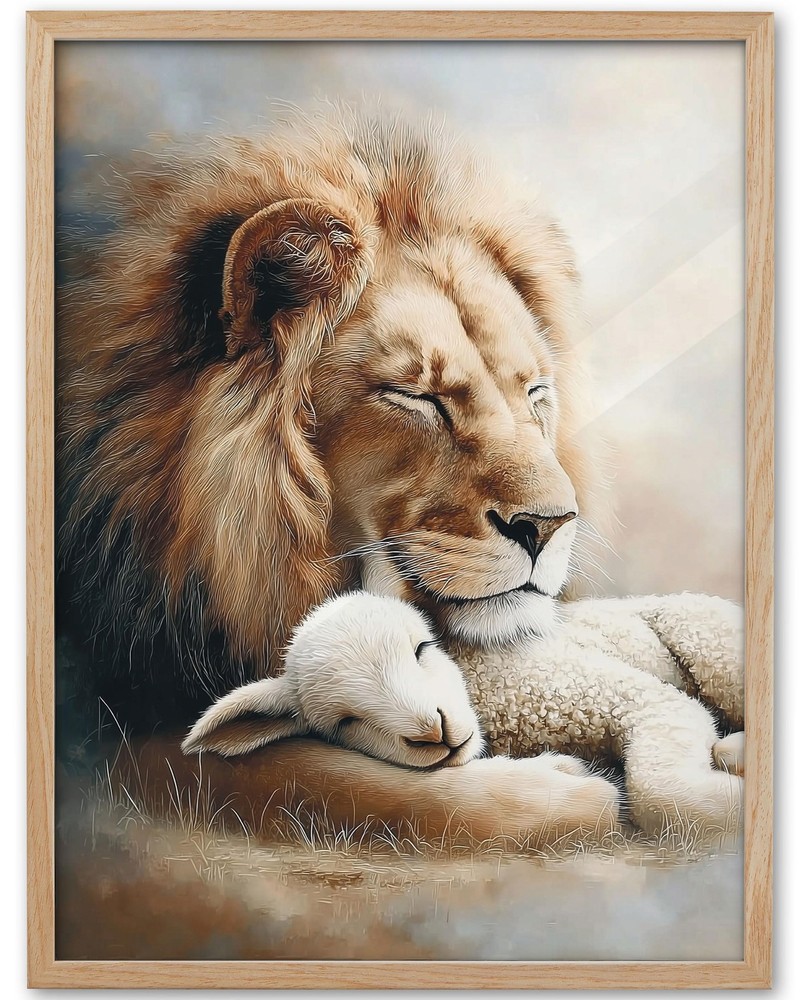 Natural OAK Wood Beige Christian Framed Wall Art, 12×16 in Lion and Lamb Canv…