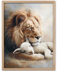 Natural OAK Wood Beige Christian Framed Wall Art, 12×16 in Lion and Lamb Canv…