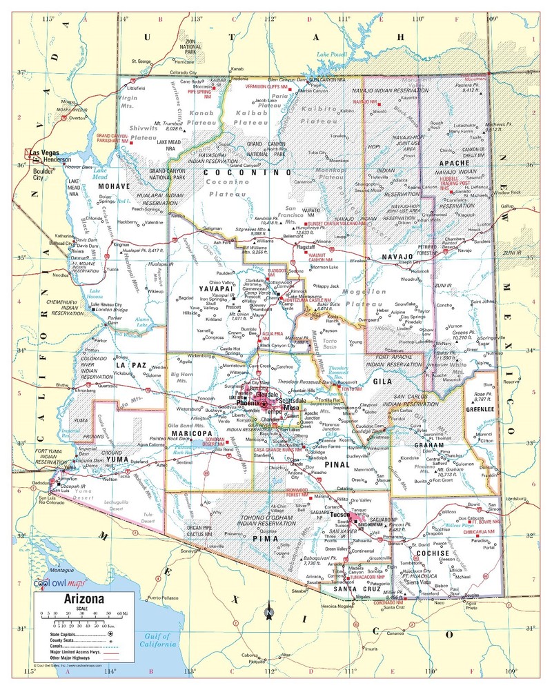 Arizona State Wall Map Large Print Poster – Laminated 24″x30″