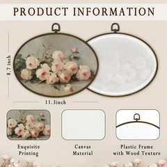 Vintage Pink Rose Flower Oval Wall Art Decor Framed, Rustic Pink Floral Canva…