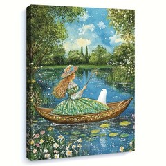 Canvas Art Framed Vintage Lake Lady Boat Cute Ghost Watercolor Wall Decor