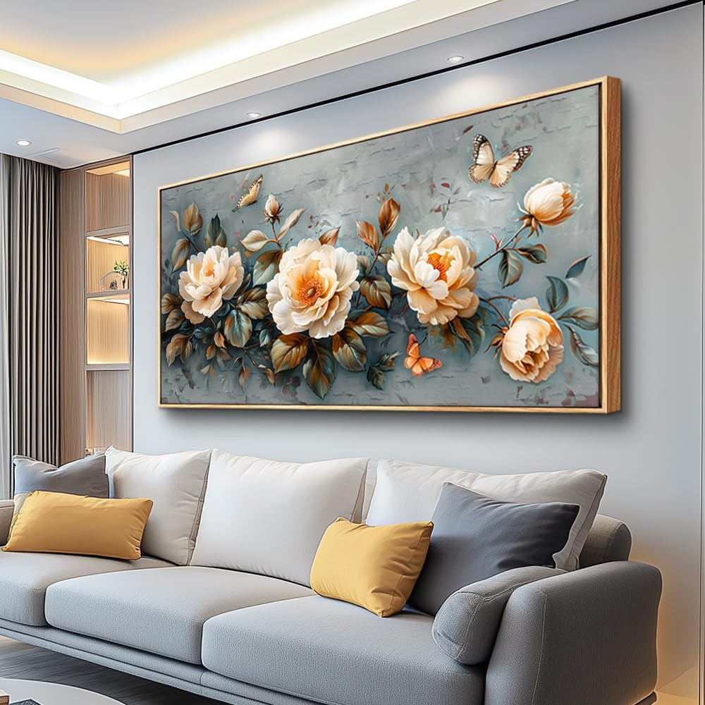 Large Canvas Wall Art – White Ink-Wash Flower Painting 30″x60″ Home Decor