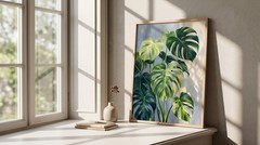 Minimalist Japandi Monstera Poster Green White Plant Living Room Wall Decor
