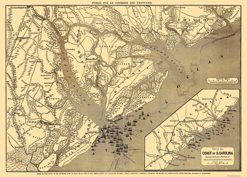 Historic City Map – Beaufort Savannah Charleston South Carolina – Colton 1863 –
