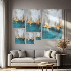 Abstract Gold Teal Gray Painting Print, Framed Canvas Wall Art Modern Elegant
