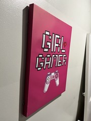 Girl Gamer Framed Canvas Print Pink White Black Modern Game Room Art