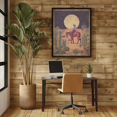 Vintage WESTERN COWBOY MOON Wall Art, Celestial Americana Desert Cactus Decor
