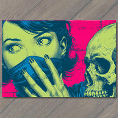 Art Print Skull Whispering Woman Pop Surreal Silence Fear Pink Neon Graphic