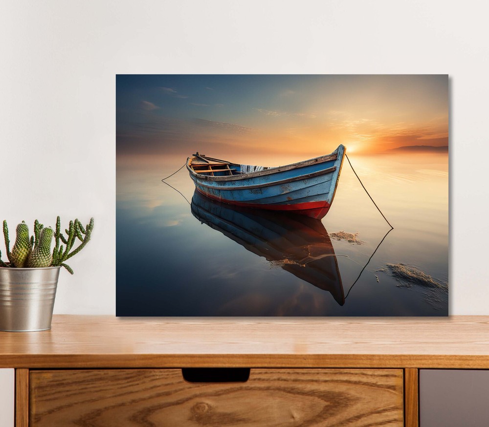 Wood Boat on Water 5mm thick Plastic Poster Ready to Hang 60x45cm